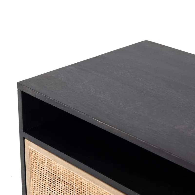 Carmel 65'' Black Wash Contemporary Mango Wood Media Console with Cabinet