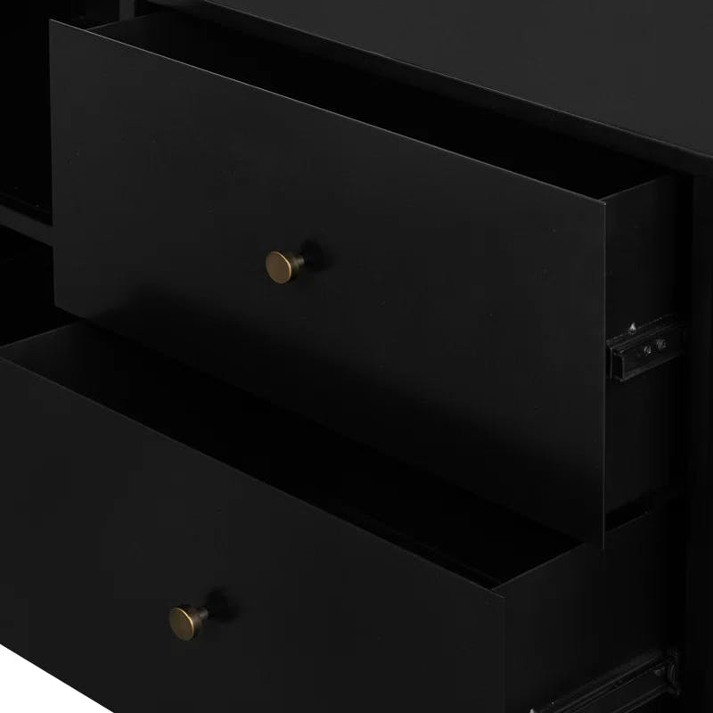 Sleek Black Iron Media Console with Bronzed Hardware and Storage