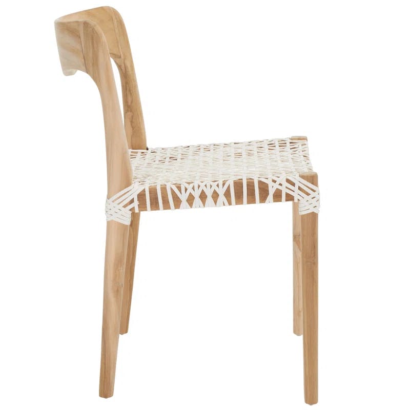 Sezia Victorian-Inspired Teak Wood Dining Chair with Off-White Woven Leather Seat