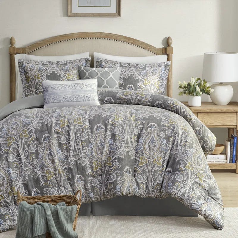 Hallie Damask Grey & Blue Queen Cotton Comforter 6-Piece Set