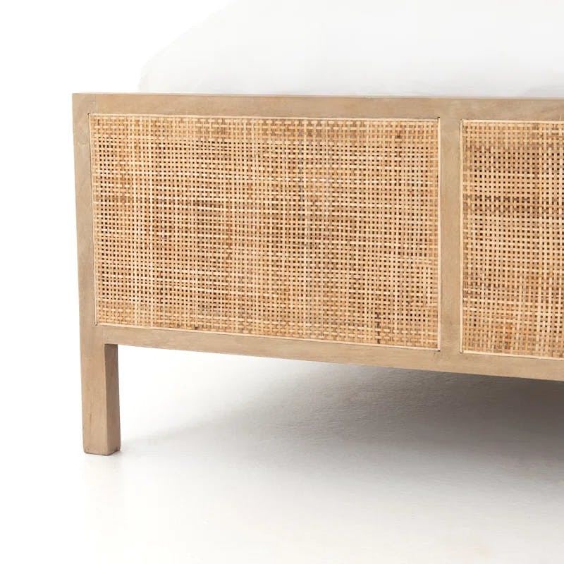 Contemporary Twin Panel Bed with Natural Mango Wood and Cane Accents