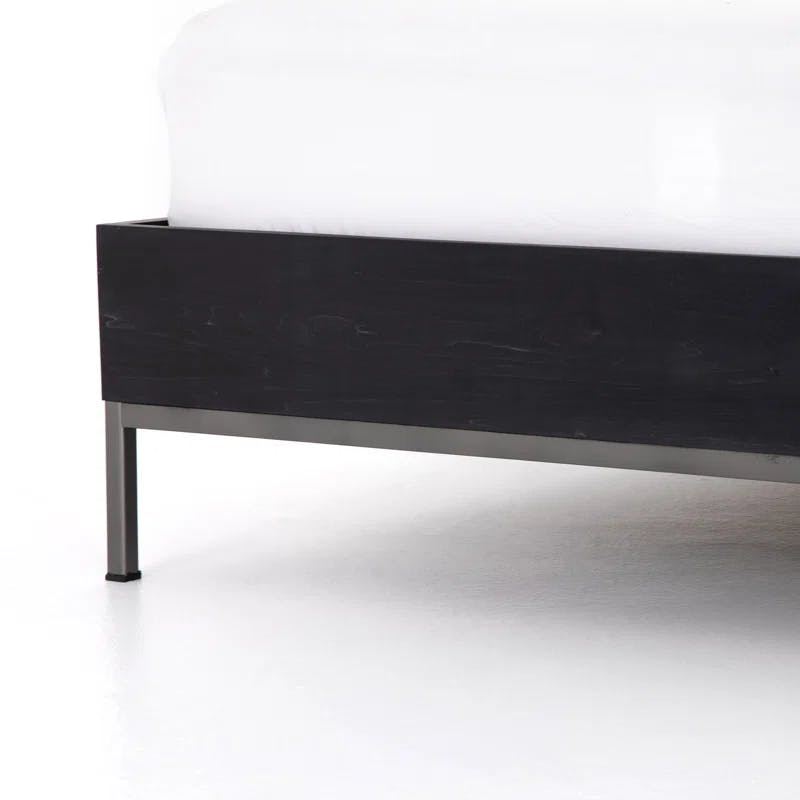 Contemporary Black-Wash Poplar King Panel Bed with Metal Frame