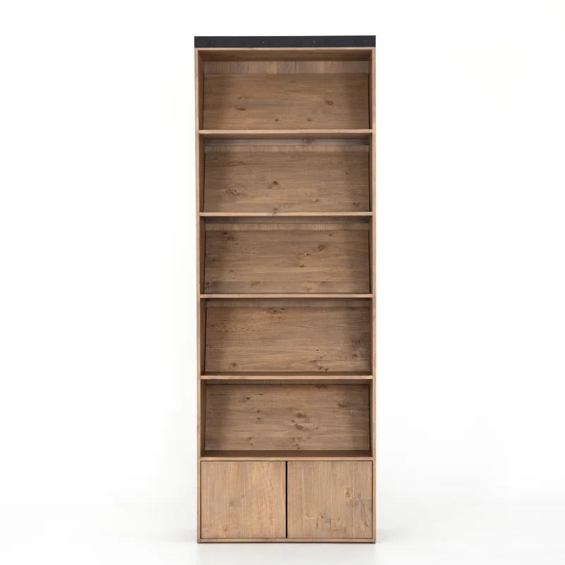 Smoked Pine Contemporary Ladder Bookshelf with Black Iron Accents