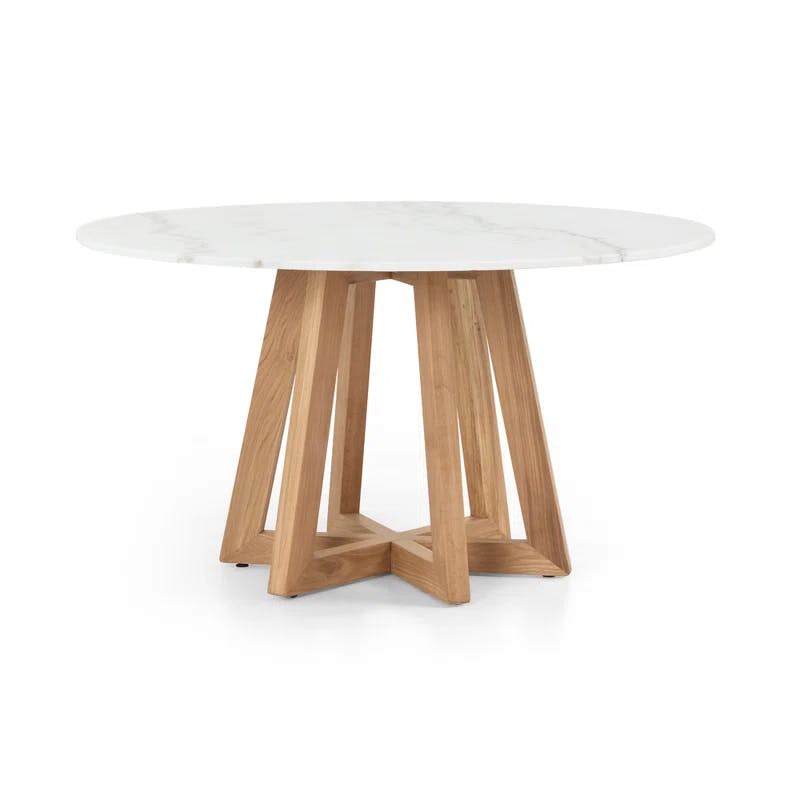 Creston 55'' Round White Marble Top Dining Table with Honey Oak Base