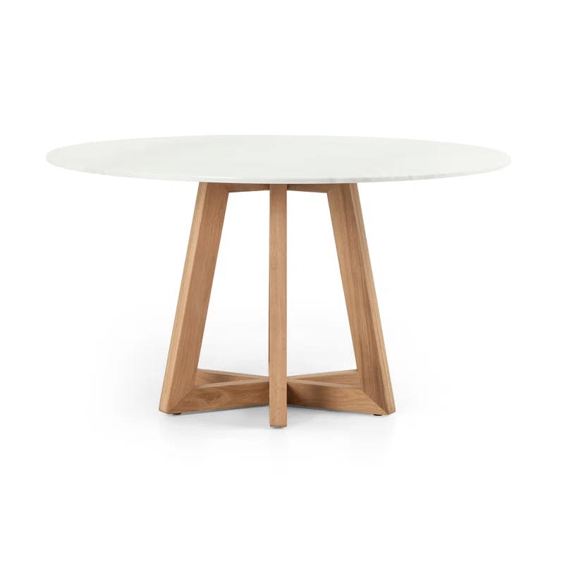 Creston 55'' Round White Marble Top Dining Table with Honey Oak Base