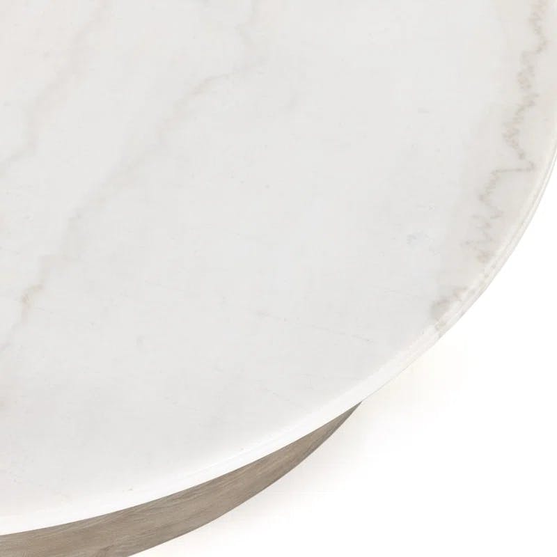 Contemporary Blonde Pine & White Marble Round Coffee Table