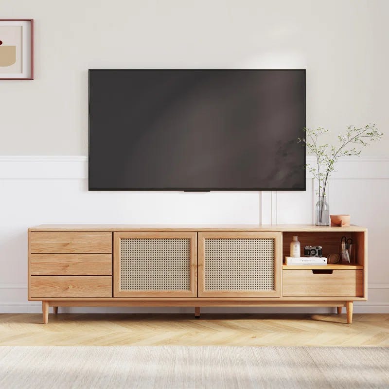Mid-Century Solid Oak TV Stand with Rattan Accents and Storage