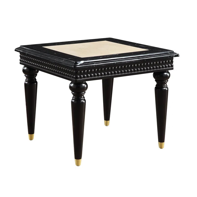 Tayden Classic Marble Top & Black Wood End Table with Brass Accents
