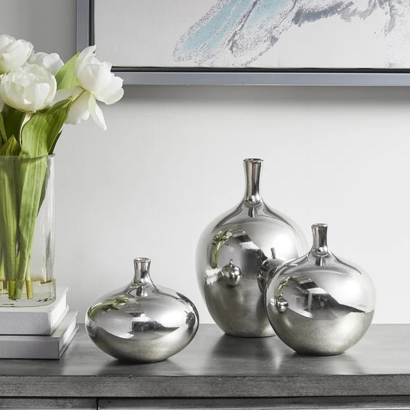 Ansen Elegant Silver Ceramic Bouquet Vase Trio