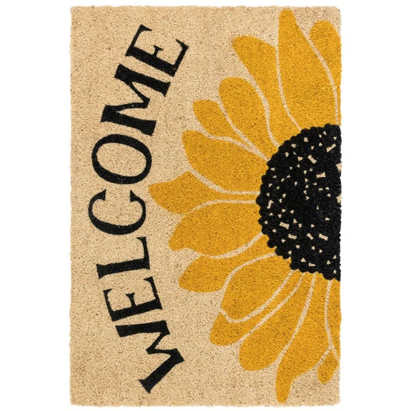 Contemporary Sunflower 36"x24" Black and Gold Coir Outdoor Doormat
