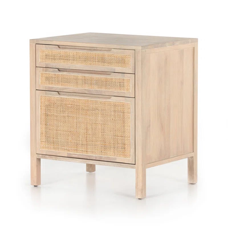 Contemporary Brown Mango Wood and Cane 3-Drawer Legal File Cabinet