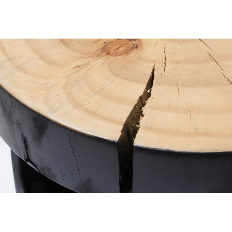 Modern Round Wood Drum End Table in Black and Natural Pine
