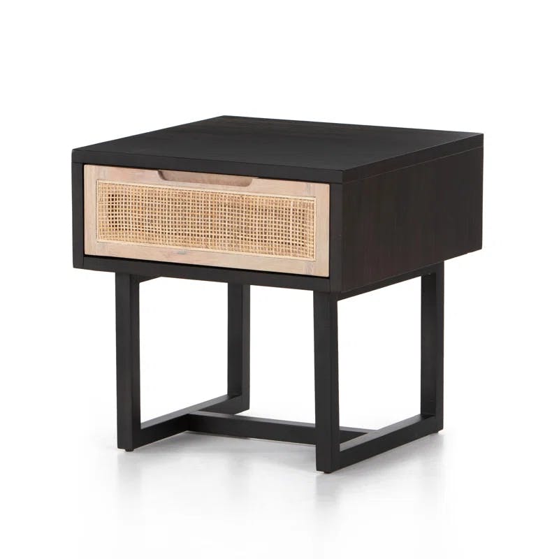 Mid-Century Modern Black Mango Square End Table with Cane Drawer