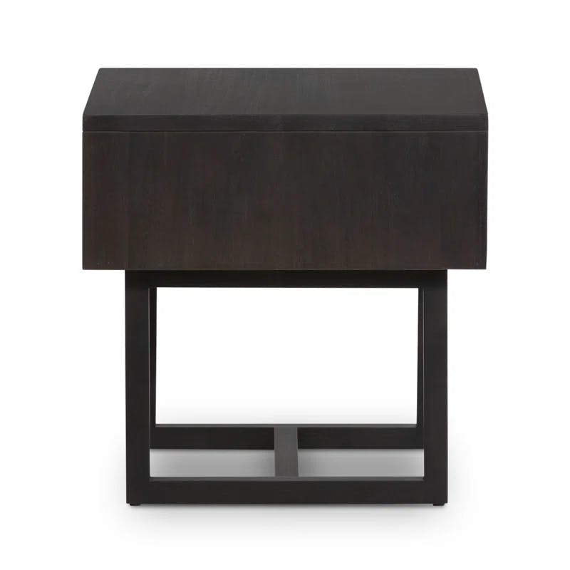 Mid-Century Modern Black Mango Square End Table with Cane Drawer