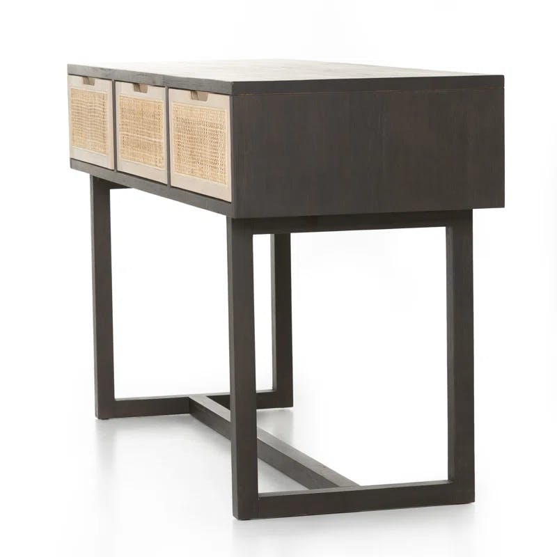 Clarita Mid-Century Modern Black Mango Wood Console Table with 3 Cane Drawers