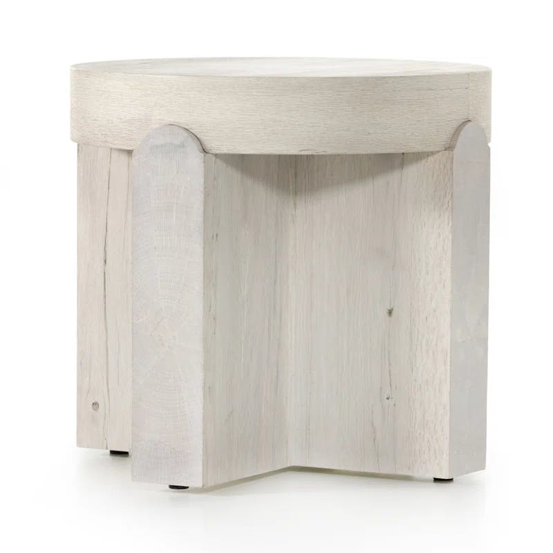 Contemporary Bleached Oak Round Side Table with Stone Accent