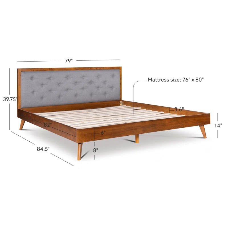 Walnut King Platform Bed with Tufted Grey Upholstery