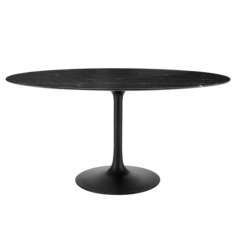 Modern Mid-Century 60" Oval Marble & Wood Dining Table in Black