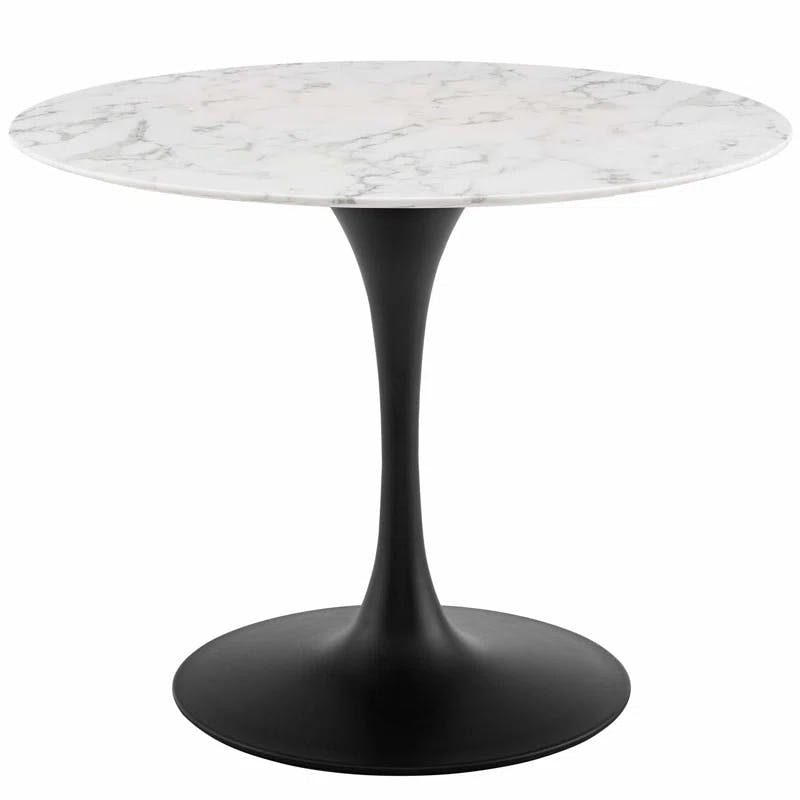 Mid-Century Modern 54" Round Marble & Wood Dining Table in Black/White