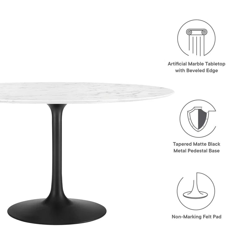Mid-Century Modern 54" Round Marble & Wood Dining Table in Black/White