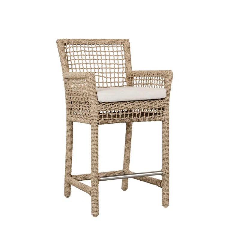 Brisbane Coastal Brown Wicker and Metal Counter Stool with Cushion