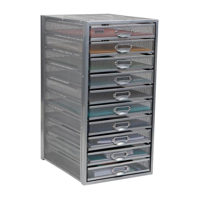Sleek Silver Metal Mesh 10-Drawer Desktop Organizer Cabinet