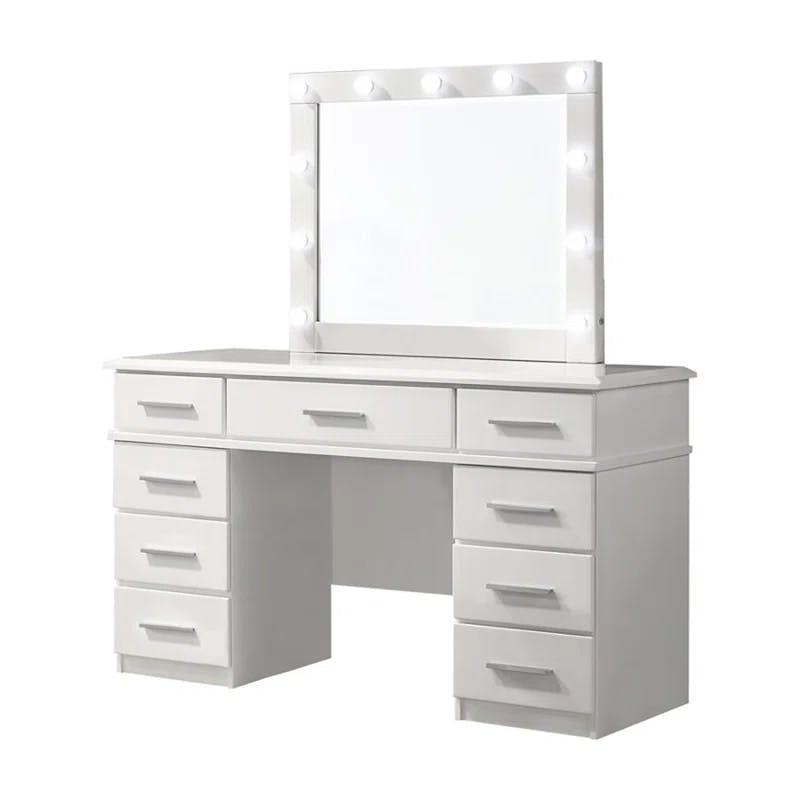 Contemporary Glossy White Vanity Desk with Lighted Hollywood Mirror