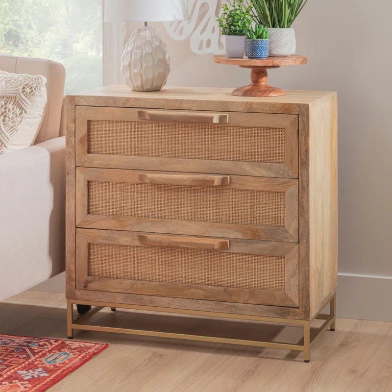Janie 3-Drawer Natural Rattan and Gold Metal Cabinet