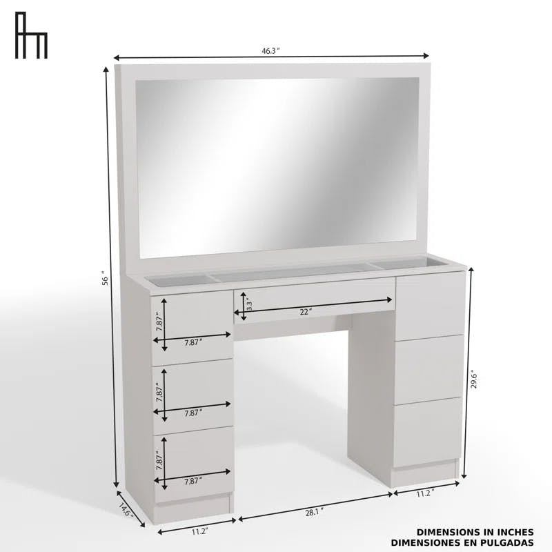 Yara Modern White Glass-Top Makeup Vanity with Built-in Lighting and 7 Drawers