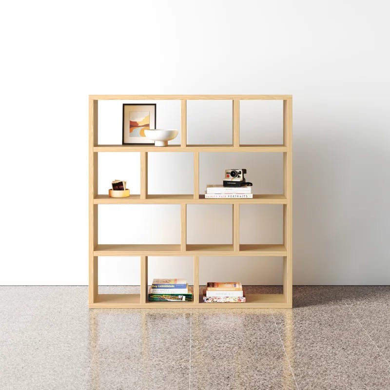 Berlin Geometric 5-Tier Oak Wide Bookcase with Cubbyholes