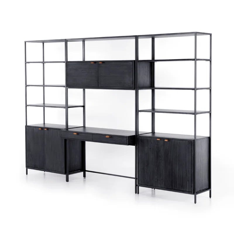 Contemporary Black Solid Wood Desk with Hutch & Dual Drawers
