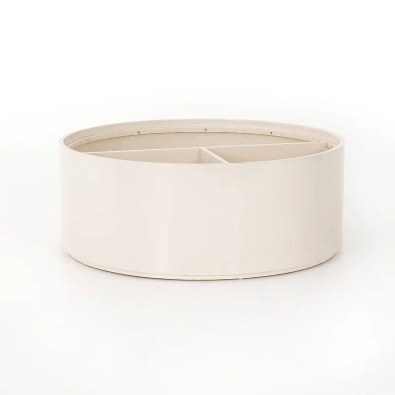 Contemporary Oak Drum Coffee Table with Cream Lacquer Finish and Storage