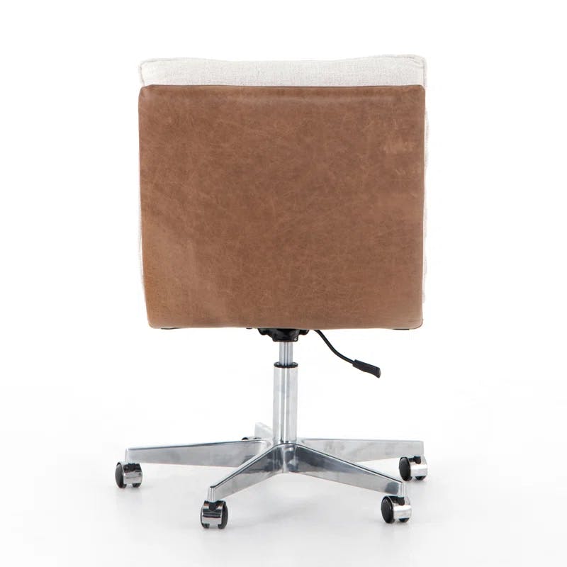 Contemporary Swivel Office Chair in Tan Leather and Cream Linen