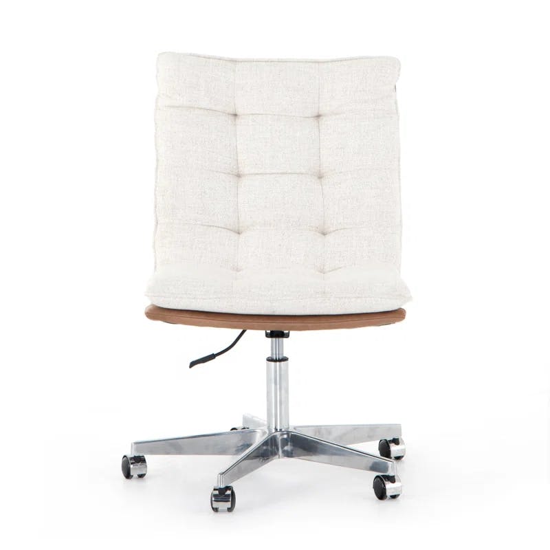 Contemporary Swivel Office Chair in Tan Leather and Cream Linen