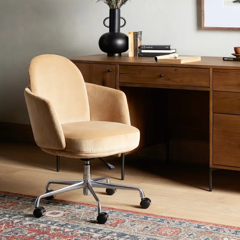 Elegant White Velvet Adjustable Office Chair with Casters