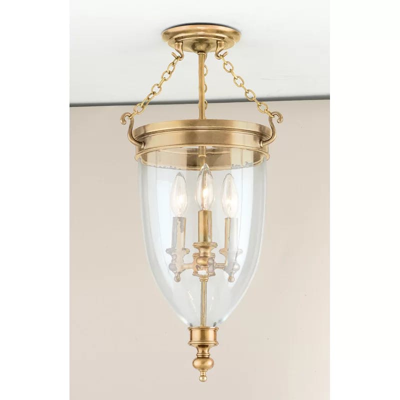 Elegant Aged Brass 3-Light Semi Flush Mount with Clear Glass Shade
