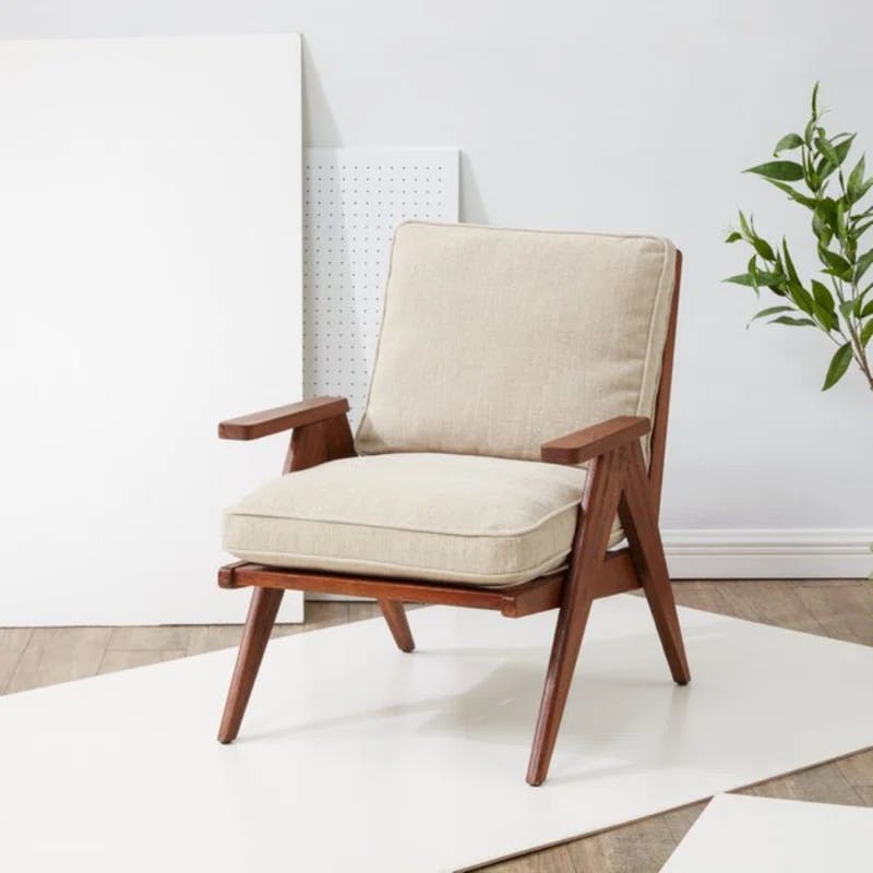 Calita Scandinavian Beige Linen & Solid Wood Accent Chair