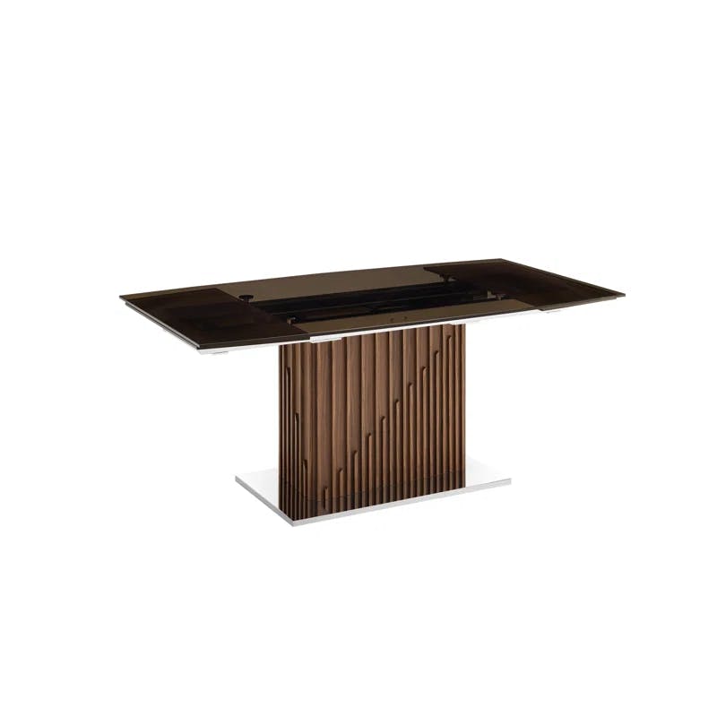 Walnut & Silver Extendable Rectangular Dining Table with Glass Top