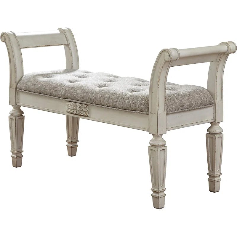 Realyn Antique White Tufted Accent Bench with Scrolled Arms