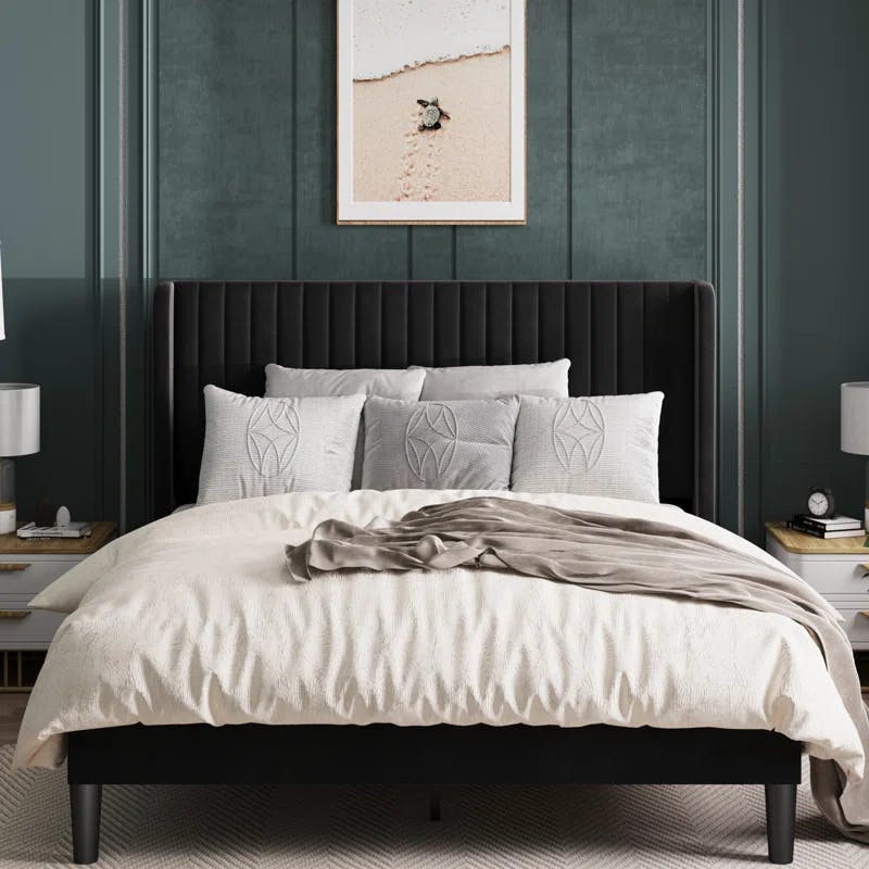 Elegant Velvet Queen Bed with Tufted Wingback Headboard and Metal Frame