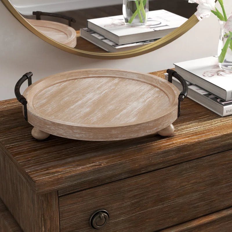 Rustic Finish Round Wooden Footed Tray with Vintage Black Handles, 15-inch