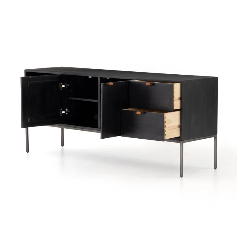 Contemporary Black Wash Poplar Media Console with Leather Pulls