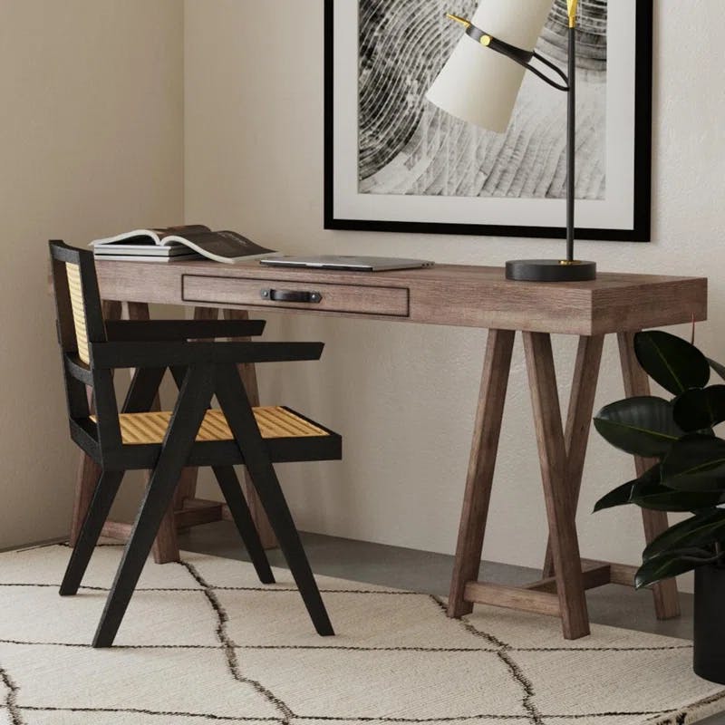Alamosa Modern Teak Wood Writing Desk with Leather Drawer Pull, Gray