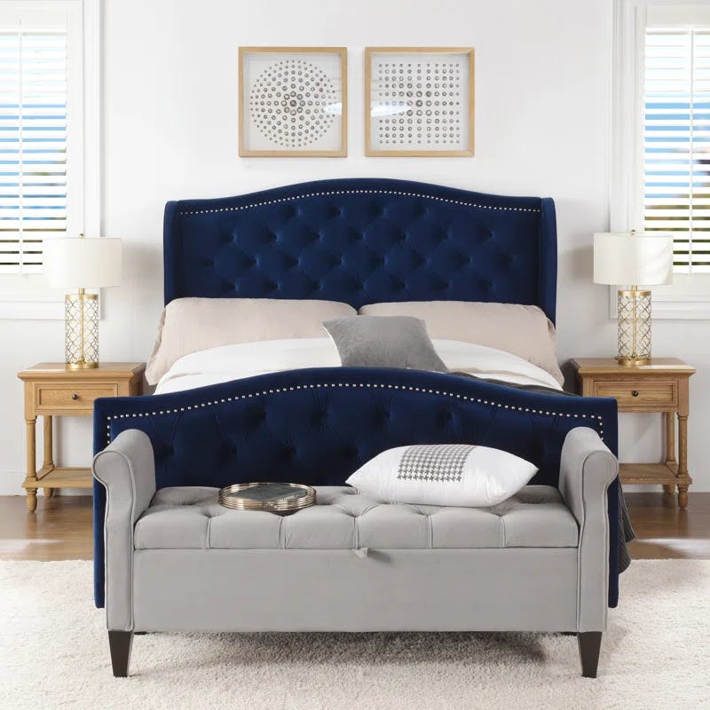 Navy Blue Velvet Tufted Queen Bed with Nailhead Trim