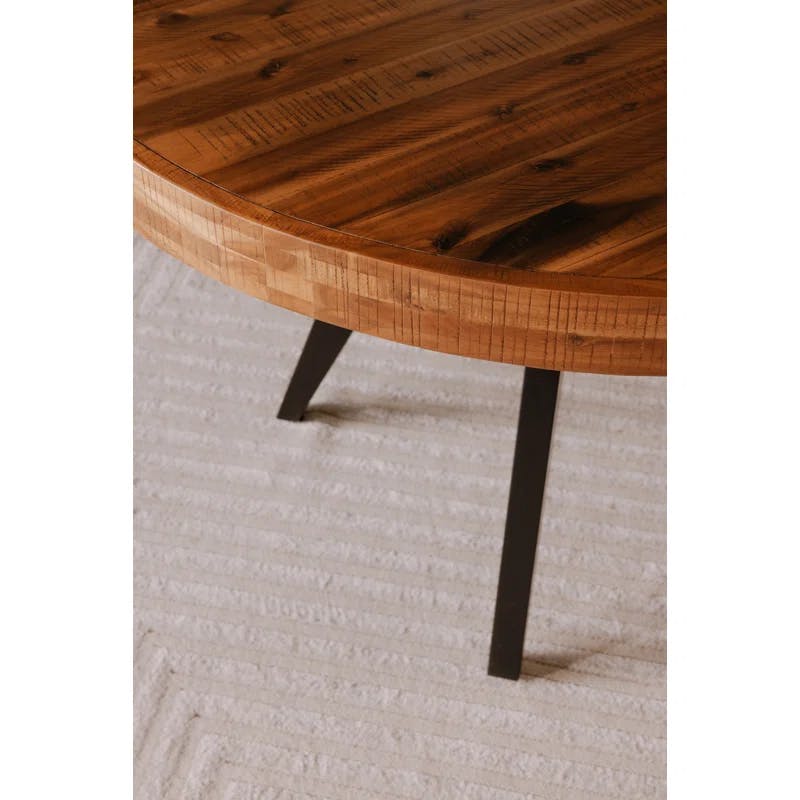 Rustic Acacia Wood Parquet Round Dining Table with Black Legs