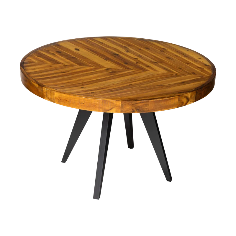 Rustic Acacia Wood Parquet Round Dining Table with Black Legs