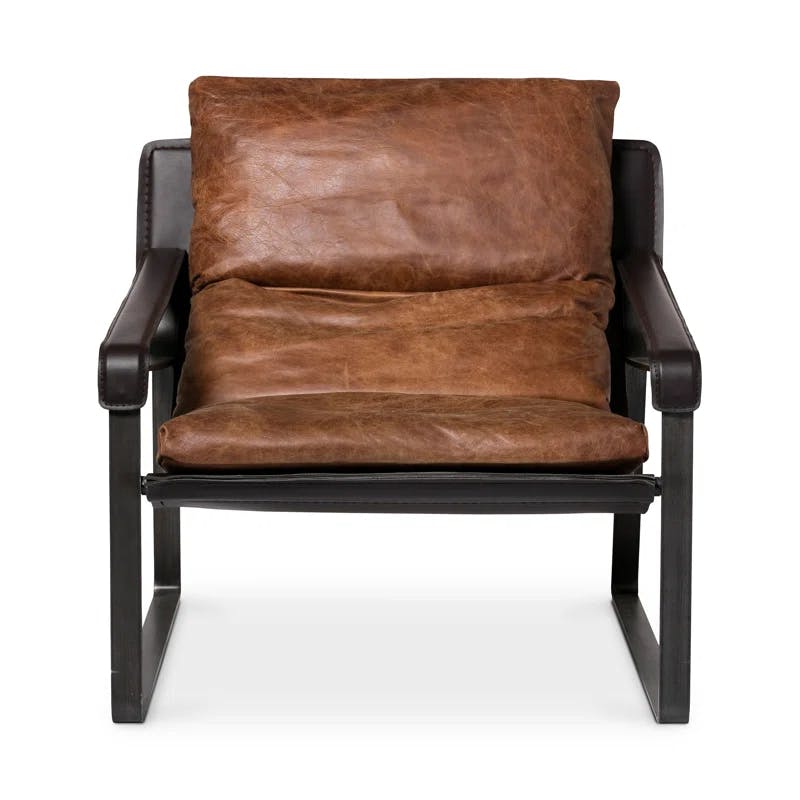 Cappuccino Genuine Leather Accent Chair with Metal Frame