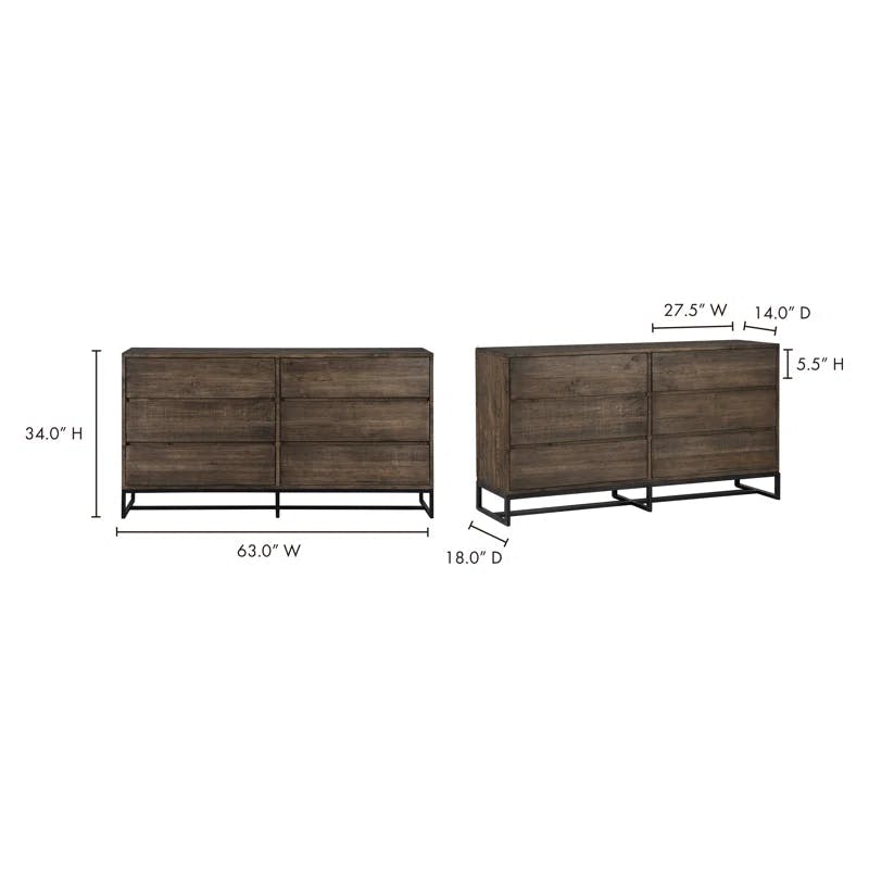 Elena 63'' Light Brown Solid Pine 6-Drawer Rustic Dresser