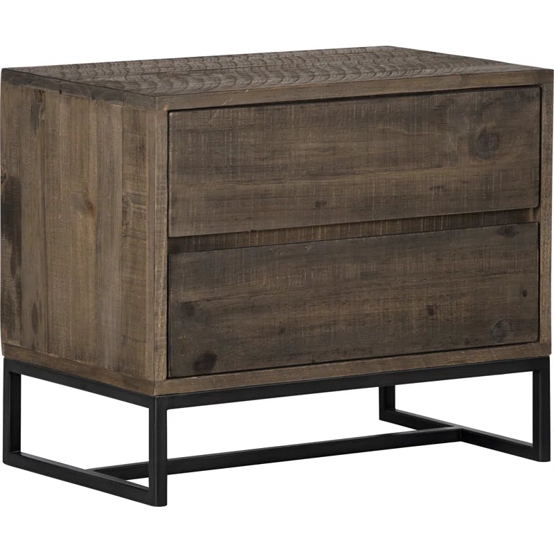 Rustic Transitional Solid Pine 2-Drawer Nightstand with Metal Base