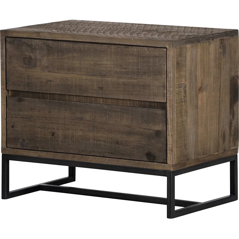 Rustic Transitional Solid Pine 2-Drawer Nightstand with Metal Base